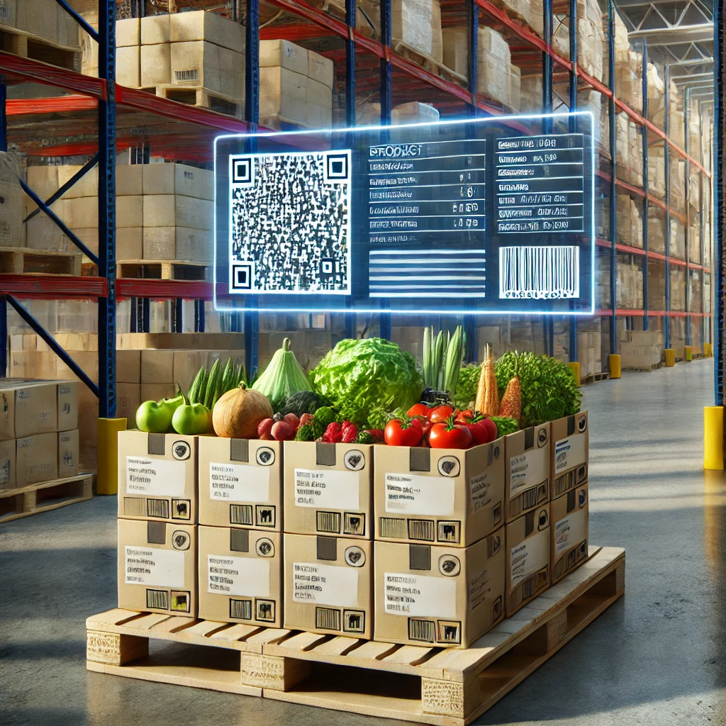 DALL·E 2024-08-02 19.17.20 - A realistic image showing a produce pallet in a warehouse setting, with boxes of various products including vegetables, fruits, and other perishables