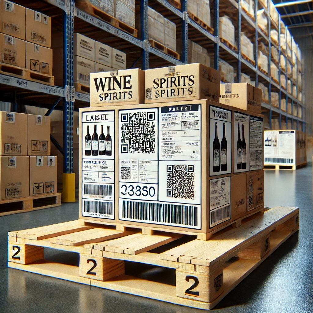 DALL·E 2024-08-02 19.19.22 - A realistic image showing a pallet in a warehouse setting, with boxes of wine and spirits stacked on the pallet. Each box should have a smaller label