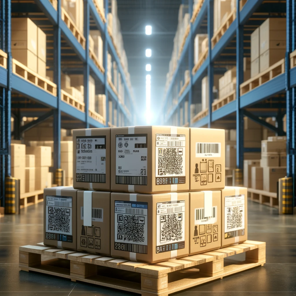 DALL·E 2024-08-02 19.20.41 - A realistic image showing a pallet in a warehouse setting, with boxes of electronics stacked on the pallet. Each box should have a smaller label attac