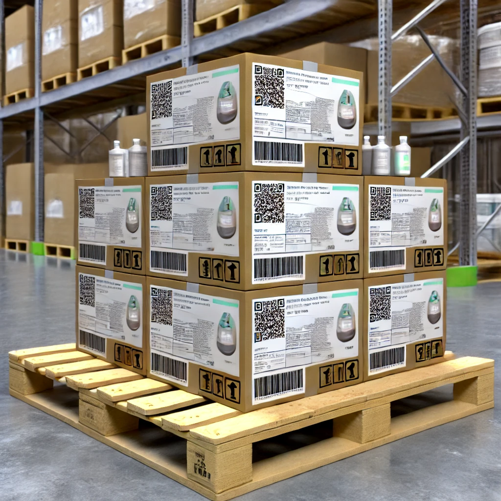 DALL·E 2024-08-02 19.22.32 - A realistic image showing a pallet in a warehouse setting, with boxes of beauty and personal care products stacked on the pallet. Each box should have